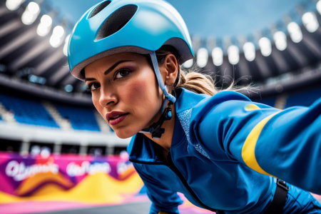 AI Generative Woman athlete skateboarder riding in skate park on skateboard, summer Olympic games competitionの素材