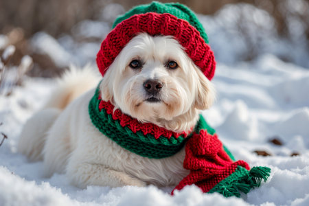 AI Generative Dog portrait in knitted winter clothes hat and scarf, animal in snowfall in winterの素材
