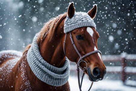 AI Generative Horse portrait in knitted winter clothes hat and scarf, animal in snowfall in winterの素材