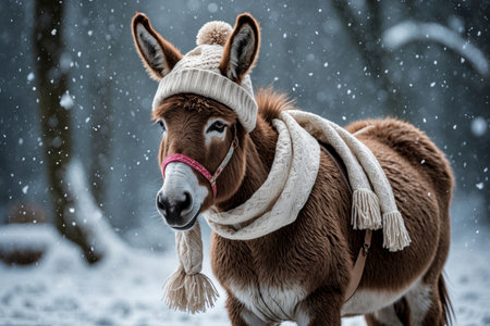 AI Generative Donkey portrait in knitted winter clothes hat and scarf, animal in snowfall in winterの素材