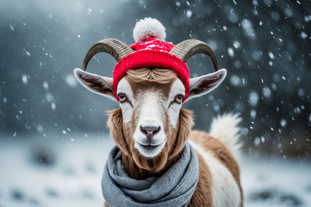 AI Generative Goat portrait in knitted winter clothes hat and scarf, animal in snowfall in winterの素材