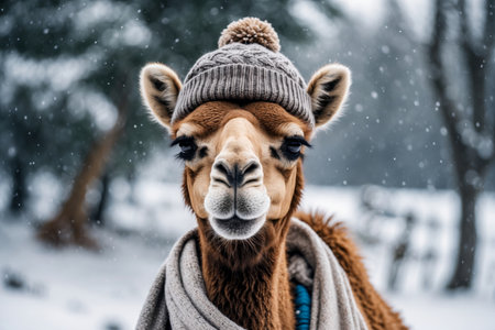 AI Generative Camel portrait in knitted winter clothes hat and scarf, animal in snowfall in winterの素材