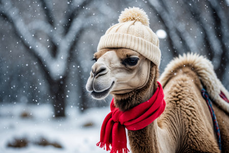 AI Generative Camel portrait in knitted winter clothes hat and scarf, animal in snowfall in winterの素材