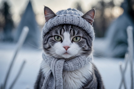 AI Generative Cat portrait in knitted winter clothes hat and scarf, animal in snowfall in winterの素材