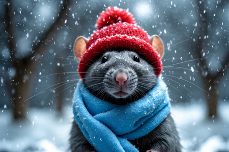 AI Generative Rat mouse portrait in knitted winter clothes hat and scarf, animal in snowfall in winterの素材