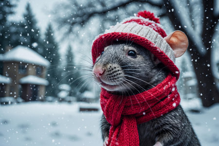 AI Generative Rat mouse portrait in knitted winter clothes hat and scarf, animal in snowfall in winterの素材