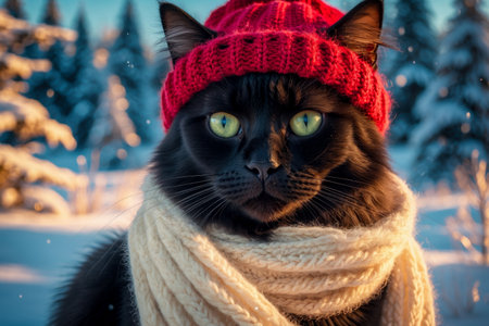 AI Generative Cat portrait in knitted winter clothes hat and scarf, animal in snowfall in winterの素材