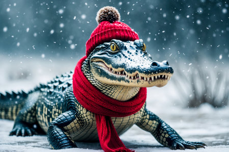 AI Generative Crocodile portrait in knitted winter clothes hat and scarf, animal in snowfall in winterの素材