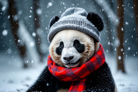 AI Generative Panda portrait in knitted winter clothes hat and scarf, animal in snowfall in winterの素材