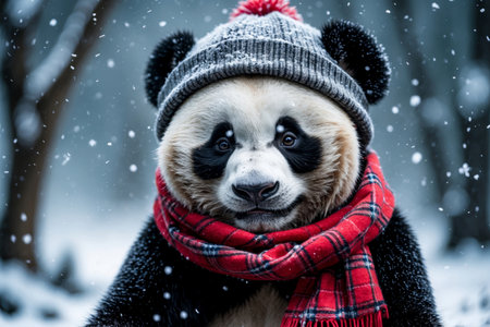AI Generative Panda portrait in knitted winter clothes hat and scarf, animal in snowfall in winterの素材