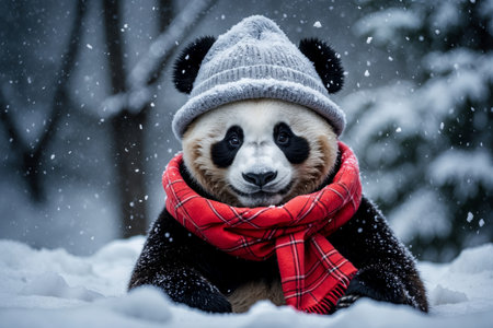 AI Generative Panda portrait in knitted winter clothes hat and scarf, animal in snowfall in winterの素材