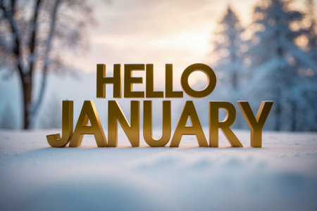 AI Generative Greeting card banner with inscription Hello, January on background of snowy forestの素材