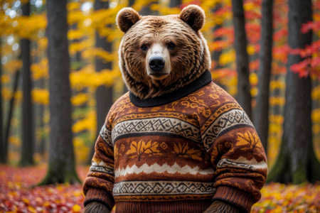 AI Generative Bear in knitted sweater on autumn forest background, animal in red and yellow foliageの素材