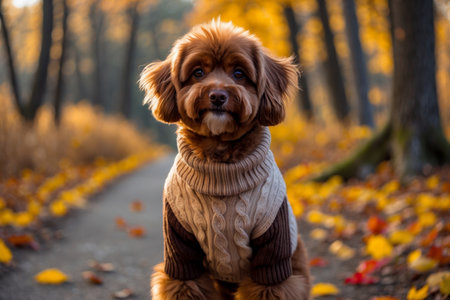 AI Generative Dog in knitted sweater on autumn forest background, animal in red and yellow foliageの素材