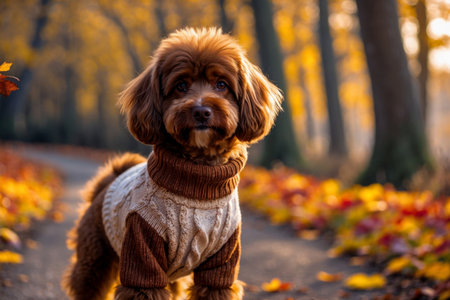 AI Generative Dog in knitted sweater on autumn forest background, animal in red and yellow foliageの素材