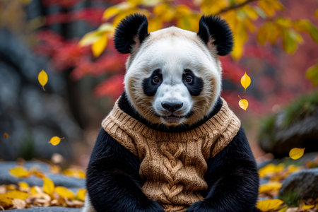 AI Generative Panda bear in knitted sweater on autumn forest background, animal in red and yellow foliageの素材