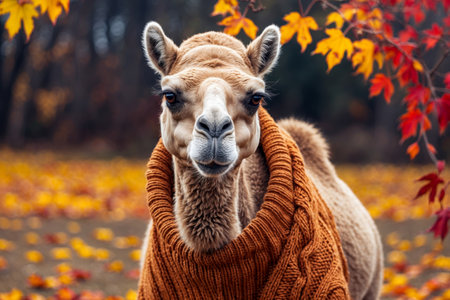 AI Generative Camel in knitted sweater on autumn forest background, animal in red and yellow foliageの素材