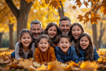 AI Generative Portrait family with children on background of red and yellow leaf fall in park forestの素材