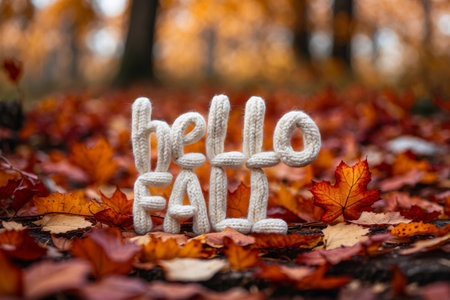 AI Generative Greeting card with description Hello, autumn fall on background yellow and red leaves leaf fallの素材