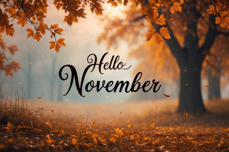 AI Generative Greeting card with inscription Hello, November autumn fall on background yellow and red leaves leaf fallの素材