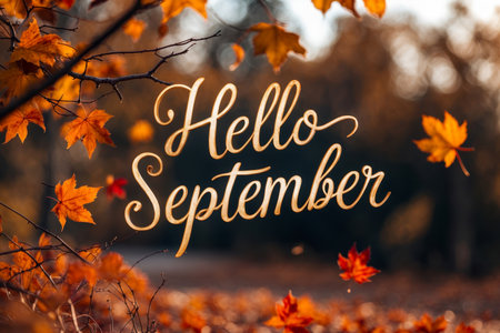 AI Generative Greeting card with inscription Hello, September autumn fall on background yellow and red leaves leaf fallの素材