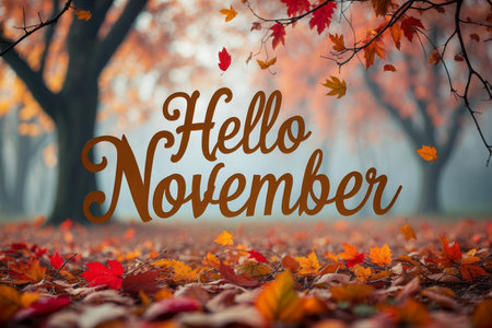 AI Generative Greeting card with inscription Hello, November autumn fall on background yellow and red leaves leaf fallの素材