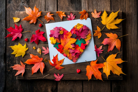 AI Generative Greeting card with text copy space on background yellow and red leaves autumn leaf fallの素材