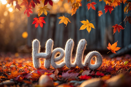 AI Generative Greeting card with description Hello, autumn fall on background yellow and red leaves leaf fallの素材