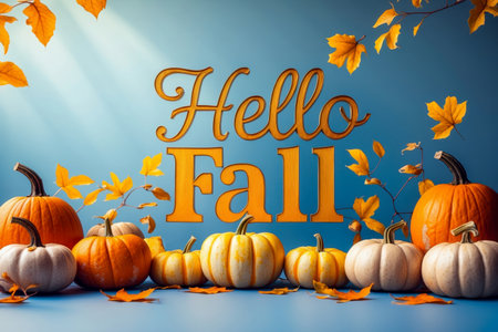 AI Generative Greeting card with description Hello, autumn fall on background yellow and red leaves leaf fallの素材