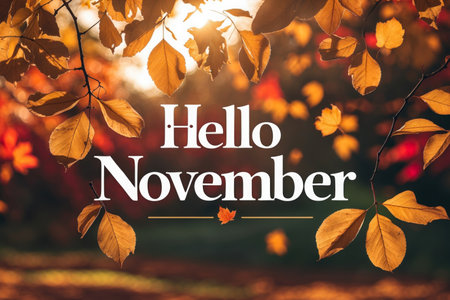 AI Generative Greeting card with inscription Hello, November autumn fall on background yellow and red leaves leaf fallの素材