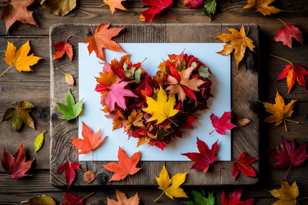 AI Generative Greeting card with text copy space on background yellow and red leaves autumn leaf fallの素材