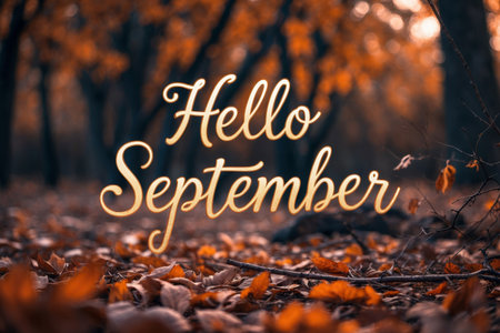 AI Generative Greeting card with inscription Hello, September autumn fall on background yellow and red leaves leaf fallの素材