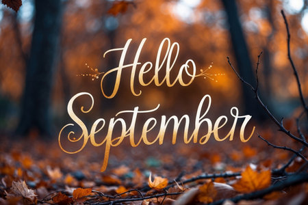 AI Generative Greeting card with inscription Hello, September autumn fall on background yellow and red leaves leaf fallの素材