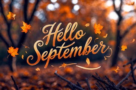 AI Generative Greeting card with inscription Hello, September autumn fall on background yellow and red leaves leaf fallの素材