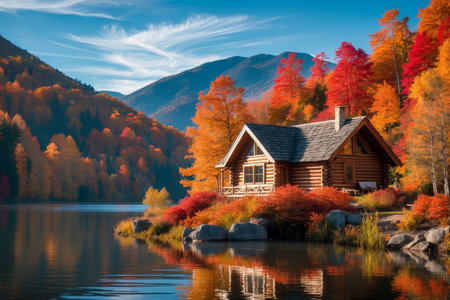 AI Generative House building landscape on background red and yellow leaf fall fall autumn forest parkの素材