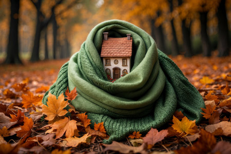 AI Generative House building landscape on background red and yellow leaf fall fall autumn forest parkの素材