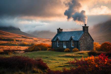 AI Generative House building landscape on background red and yellow leaf fall fall autumn forest parkの素材