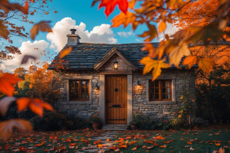 AI Generative House building landscape on background red and yellow leaf fall fall autumn forest parkの素材