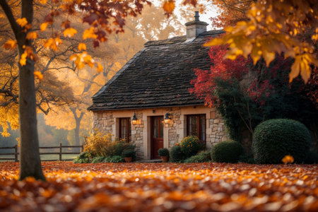 AI Generative House building landscape on background red and yellow leaf fall fall autumn forest parkの素材