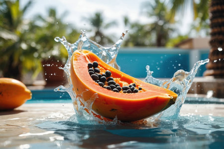 AI Generative Exotic fruit papaya in splashing water on summer swimming pool vacation backgroundの素材
