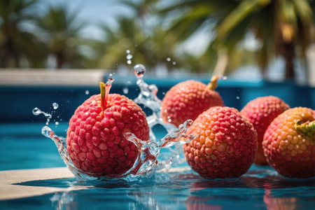 AI Generative Exotic fruit lychees in splashing water on summer swimming pool vacation backgroundの素材
