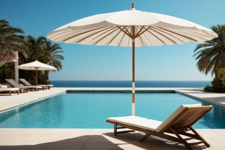 AI Generative Summer background with swimming pool blue water on vacation hotel by sea and oceanの素材