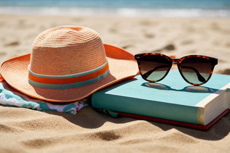 AI Generative Still life summer tropical flat lay with attributes of vacation weekend on sea oceanの素材