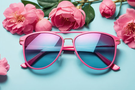 AI Generative Still life summer tropical flat lay with attributes of vacation weekend on sea oceanの素材