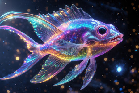 AI Generative Fantastic color fish swim in deep sea, aquarium aquatic awesome animals in waterの素材
