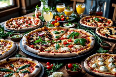 AI Generative Italian Pizza on decorated table Background, Food Photo for Restaurant Menu pizzeriaの素材