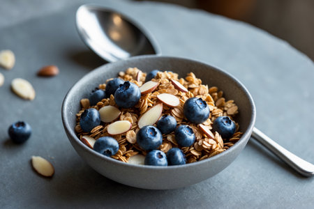 AI Generative Granola oatmeal with yogurt, berries and fruits, traditional healthy vegetarian breakfastの素材