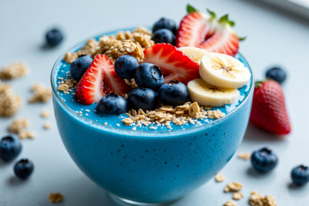 AI Generative Granola oatmeal with yogurt, berries and fruits, traditional healthy vegetarian breakfastの素材
