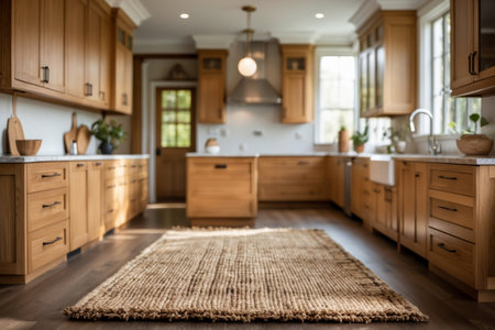 AI Generative Modern stylish trendy kitchen interior with wooden furniture and household fittings blurred backgroundの素材