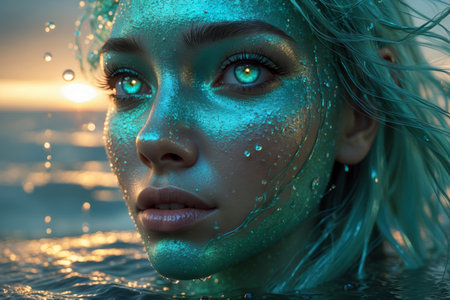 AI Generative Fantasy portrait of young beautiful woman magic model, mermaid in sea from fairy taleの素材